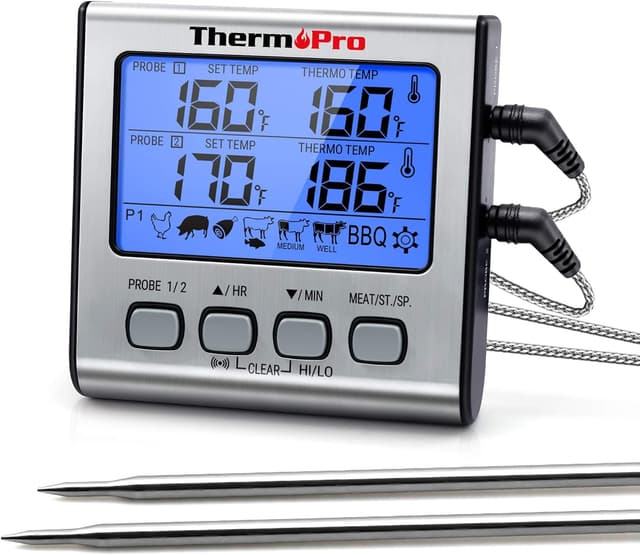 Detalle de ThermoPro TP17 digitales Grillthermometer mit zwei Edelstahlsonden und blauem Hintergrunddisplay (bis 300 °C)