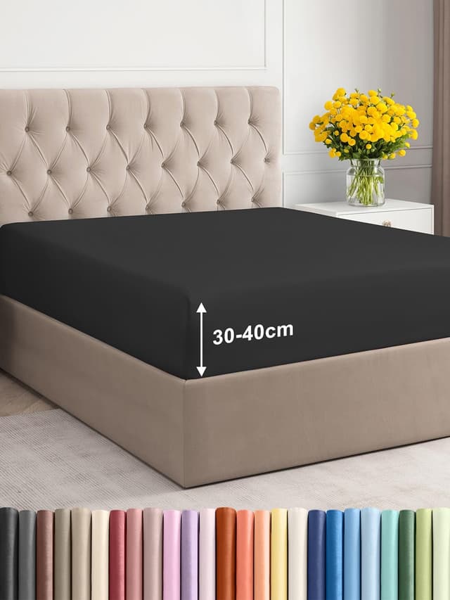 Detalle de Drap-housse 160x200 cm noir à bonnet 40 cm extra profond (microfibre polyester brossé)