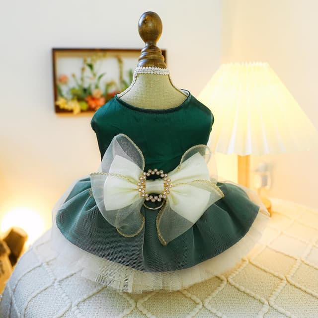 Detalle 2 de BT Bear Small Dog Dress (Green, M) – Puppy Skirt with Retro Bow & Lace Princess Tutu