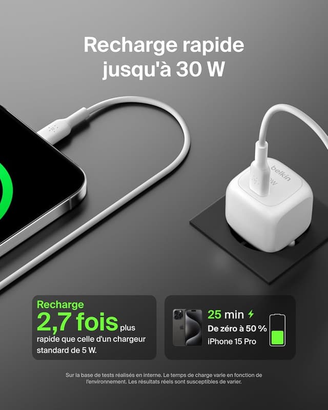 Detalle de Belkin Chargeur secteur compact BoostCharge 30 W USB‑C Power Delivery (câble USB‑C vers C inclus, blanc)