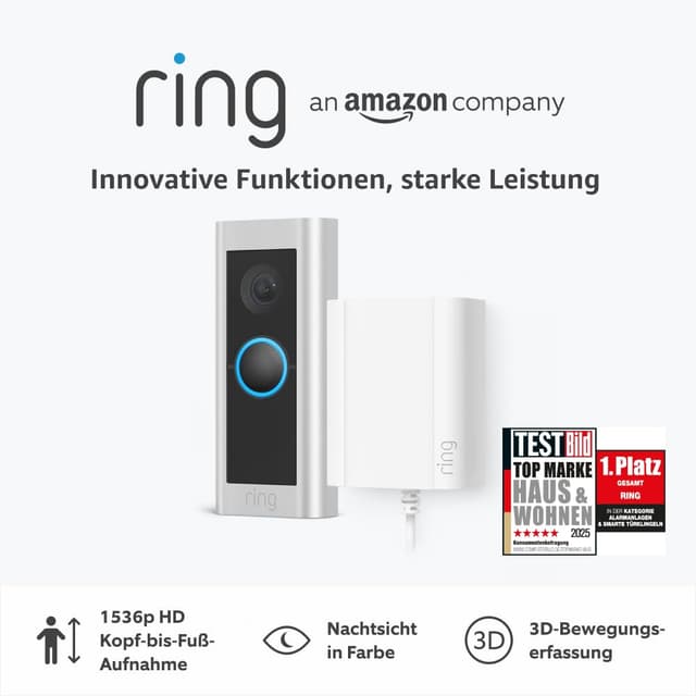 Detalle de Ring Videotürklingel Pro Kabel (kabelgebunden) + Netzteil – Klingel mit Kamera, 1536p HD und 3D-Bewegung