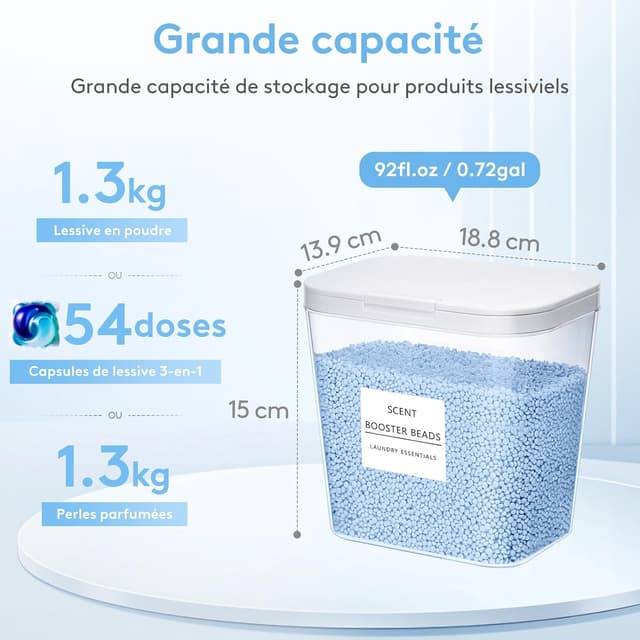 Detalle 2 de Lifewit lot de 4 boîtes de rangement pour lessive en capsules, poudre et accessoires (contenants transparents, étiquettes et cuillères, 2700 ml)