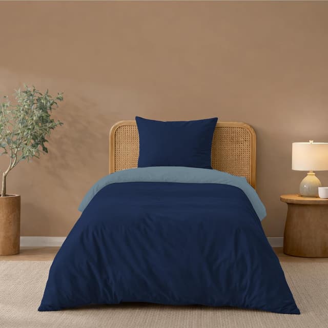 Detalle de Twinzen Parure de lit 140x200 réversible en microfibre (housse de couette + taie 65x65) Bleu Foncé/Bleu Gris