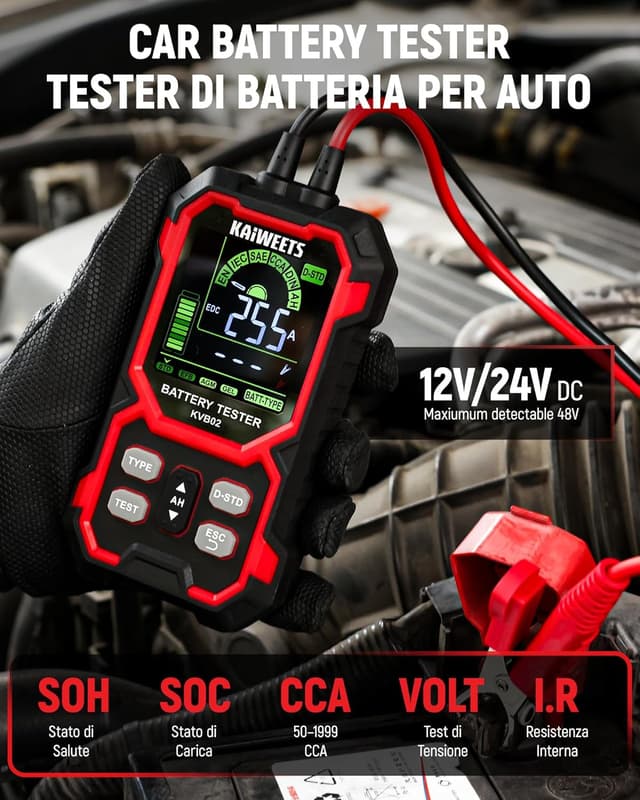 Detalle 2 de KAIWEETS Tester Batteria Auto 12V/24V digitale 50–2000 CCA con display LCD (SOH/SOC)