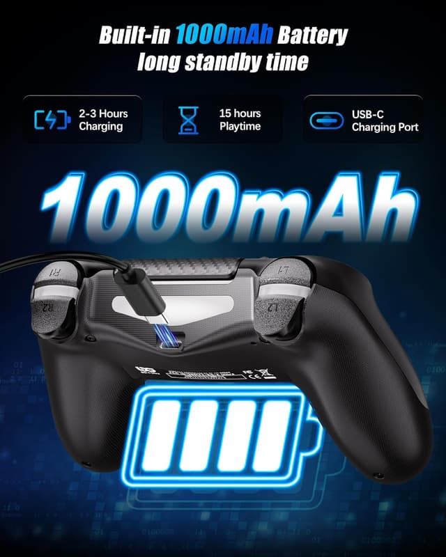 Thumbnail 4 de RUIZHI Wireless Controller für PS4 – Gamepad mit Turbo, Dual-Vibration, 6-Achsen-Gyro und Touchpad (PC-kompatibel) in Schwarz