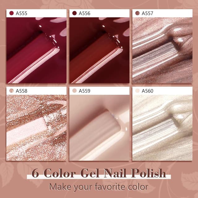 Detalle de Shining She UV-Nagellack Set mit 6 Gel-Lacken (HEMA-frei, TPO-frei), Nude bis Burgunder & Glitzer, 8 ml