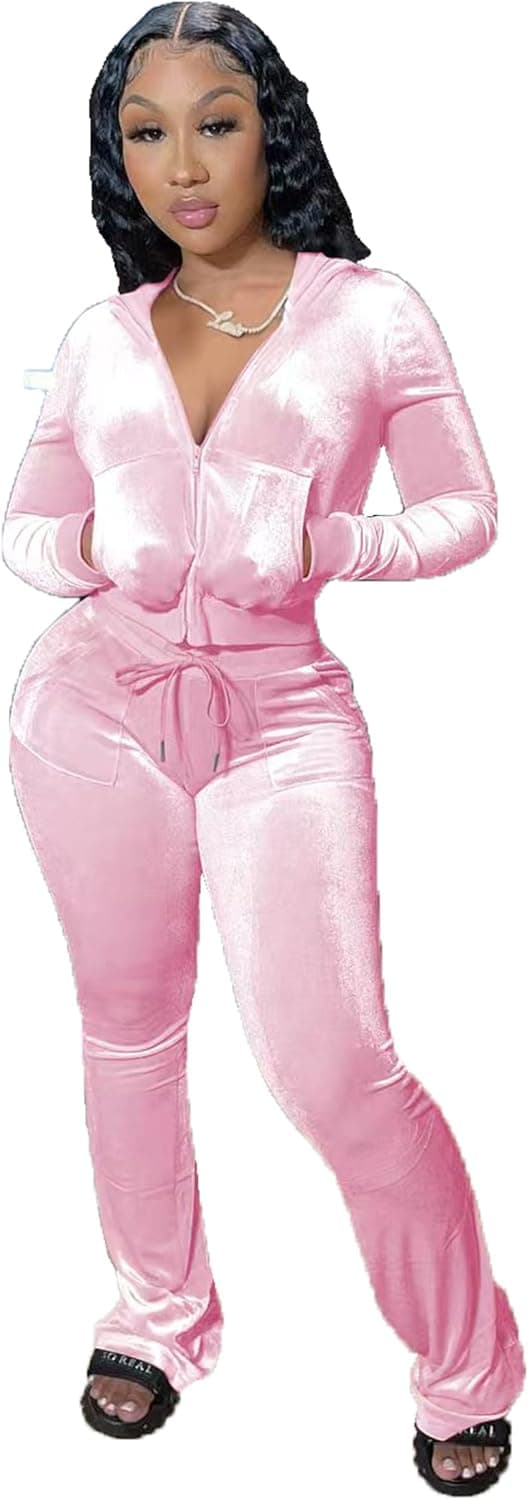 Detalle de yidengymx Women’s Velour 2-Piece Tracksuit Set (Zip-Up Crop Top & Sweatpants with Pockets)