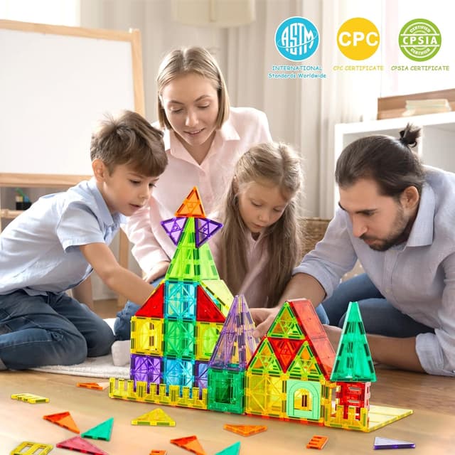 Detalle 2 de Dopyye 132-Piece Magnetic Tiles Building Blocks Set with 2 Rolling Cars (STEM Montessori Toy for Ages 3–9)