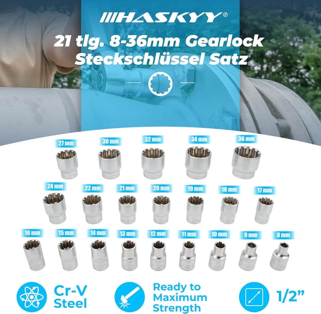 Detalle de Jeu de clés à douille à denture multiple 1/2" XZN (21 pièces) HASKYY, 8 à 36 mm