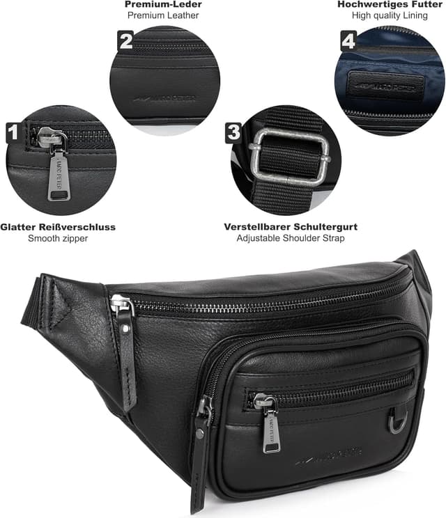 Detalle de Marc Peter Varadero Bauchtasche aus Leder (Schwarz) mit Wechselgurt – Gürteltasche & Crossbody für Herren