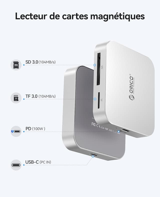 Detalle 2 de ORICO Lecteur de cartes SD magnétique USB-C avec charge PD 100W et double emplacement SD/TF (3.0) – jusqu’à 104 Mo/s