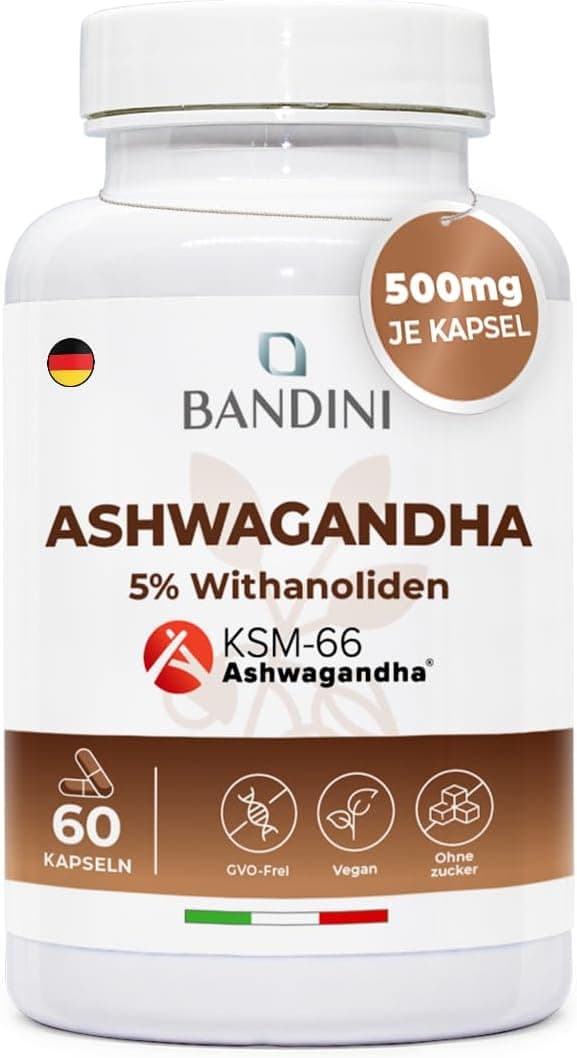 Detalle de Bandini® Ashwagandha (Withania somnifera) KSM-66® – patentierter Wurzelextrakt, 500 mg pro Kapsel, 60 Kapseln
