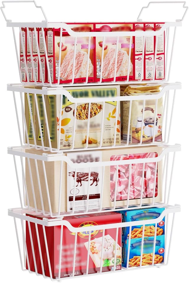 Detalle de SUNALLY Freezer Organizer Bins (4-Pack) — Stackable chest freezer storage baskets with handles, white
