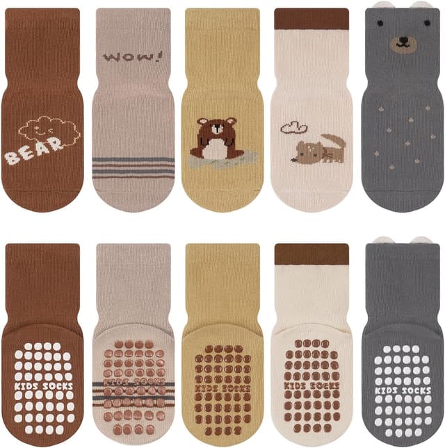Detalle de Kyopp 5/10 Paar Baby- und Kleinkinder-Socken mit ABS-Noppen (Tiermotive) – rutschhemmend, Baumwolle