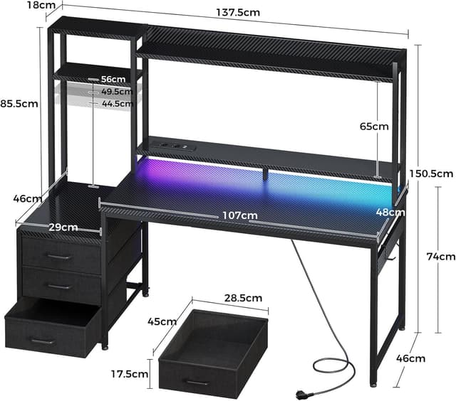Detalle de Coleshome Gaming Tisch mit Regal und Schubladen (137×48 cm) – LED-Beleuchtung & Steckdose, Carbon Fiber Schwarz