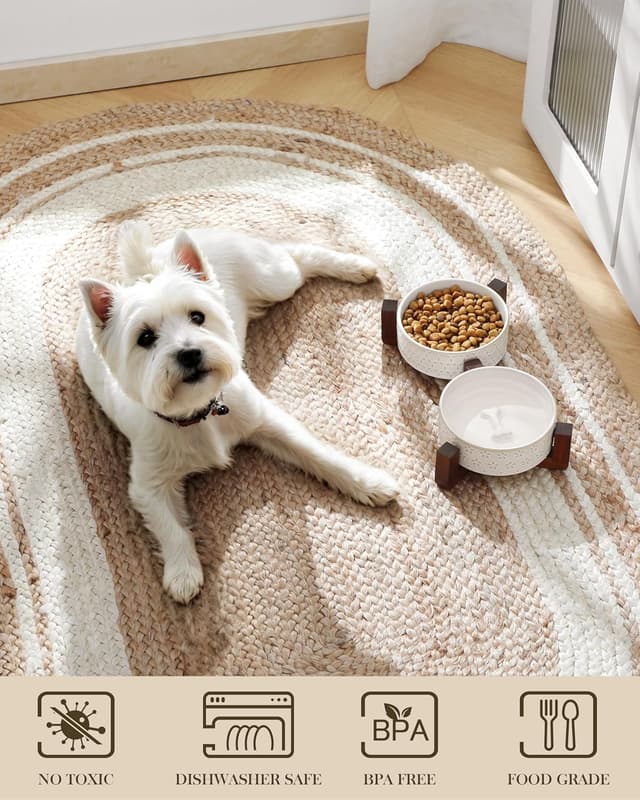 Detalle 2 de MALACASA Keramik-Hundenapf mit Walnussholz-Ständer, 450 ml Doppelschalen für Hund & Katze