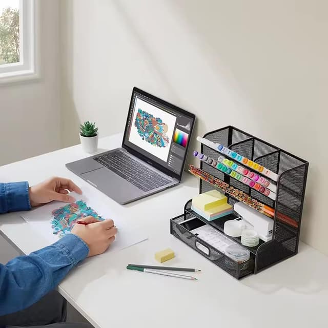Detalle 1 de Vikmyer Mesh Desk Organiser with Drawer – 9-compartment pen holder for home office, school and study