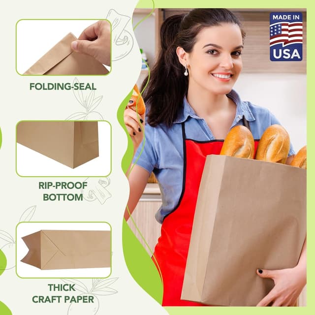 Detalle de Mesha 100Pcs Heavy Duty Kraft Paper Grocery Bags (60 lb) 12 x 7 x 17 Inches, Bulk Takeout & Retail Sacks