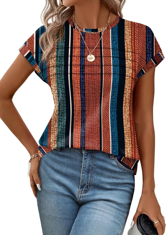 Detalle de WEESO Womens Summer Tops Trendy 2026 Cap Sleeve Pleated Front Crew Neck T-Shirts