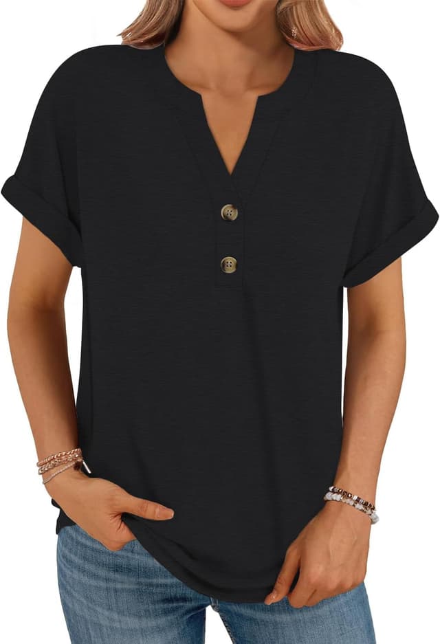 Detalle de Cuptacc Damen Oversize T-Shirt mit V-Ausschnitt und Knopfleiste, kurzarm