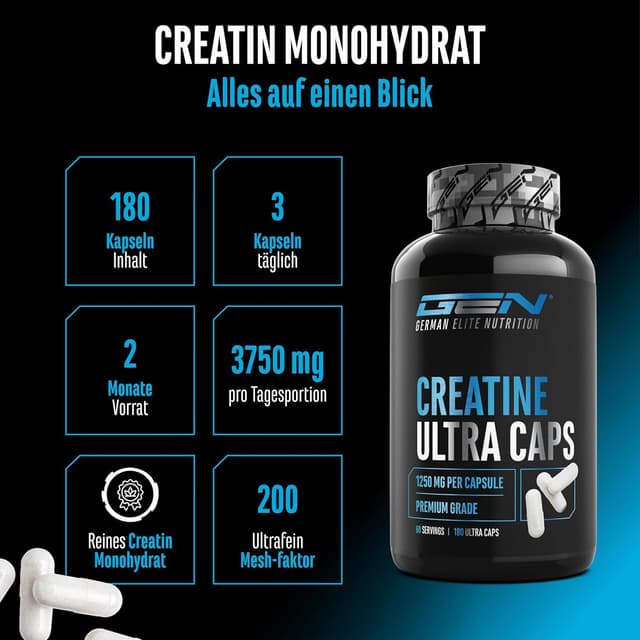 Detalle 2 de Creatine Ultra Caps – 180 Kapseln mit 1.250 mg Creatin-Monohydrat (je Kapsel) von German Elite Nutrition