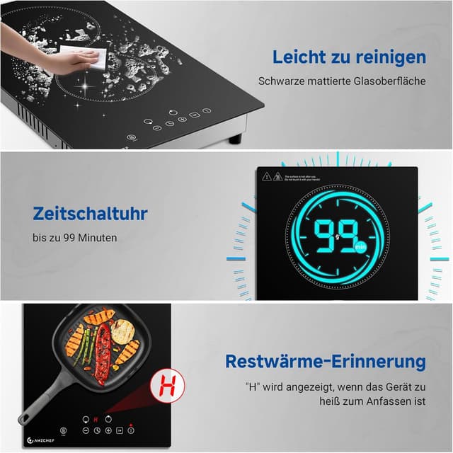 Detalle de AMZCHEF Glaskeramikkochfeld mit 2 Platten (3200 W) – Touch-Steuerung, 9 Leistungsstufen, 2-in-1 Einbau & freistehend