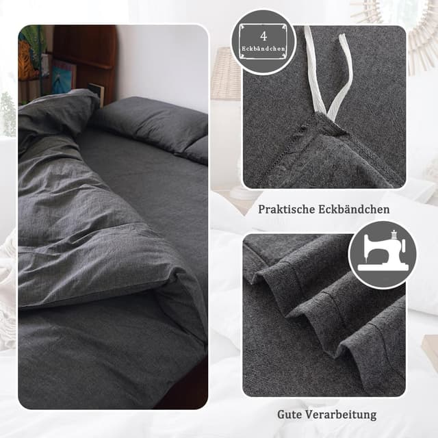 Detalle de Nesture Bettwäsche-Set 135x200 aus gewaschener Baumwolle in Anthrazit (2-teilig) – weich & mit Reißverschluss