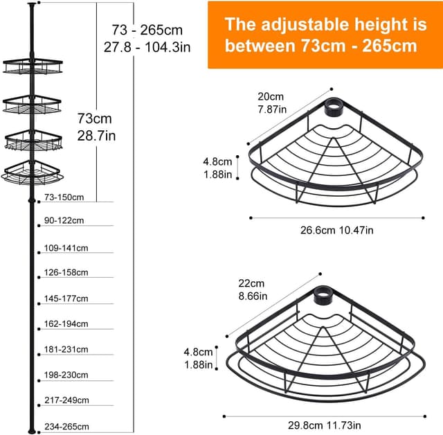Thumbnail 3 de Wopeite étagère de douche télescopique réglable 73-265 cm sans perçage, 4 paniers en acier inoxydable, noir