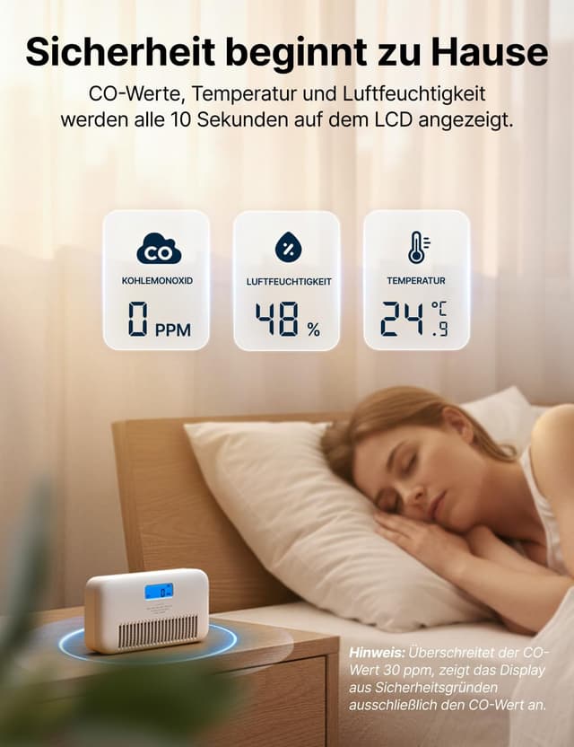 Detalle 2 de X-Sense XC0M-SR Kohlenmonoxid-Melder mit Temperatur- & Feuchtigkeitsüberwachung und Sprachansagen (1 Stück)