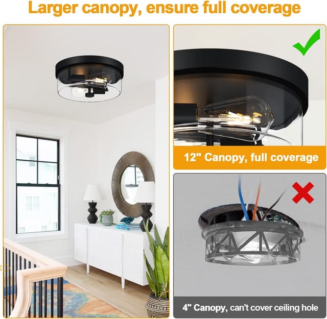 Detalle 2 de szzgco 2-Light Black Flush Mount Ceiling Light with Clear Glass Shade (Farmhouse/Industrial Style)