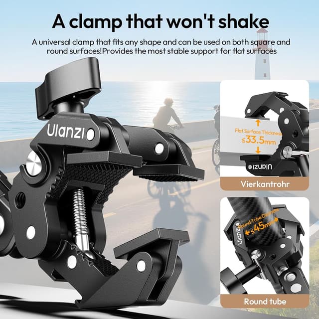 Detalle de ULANZI C078 Super Clamp Kamerahalterung mit Magic Arm, 360° Dual-Kugelkopf und 1/4" Gewinde