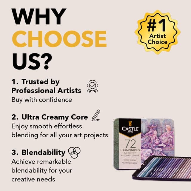 Detalle 2 de Castle Art Supplies 72 Harmonious Coloured Pencils Set (72 muted & moody shades) in presentation tin