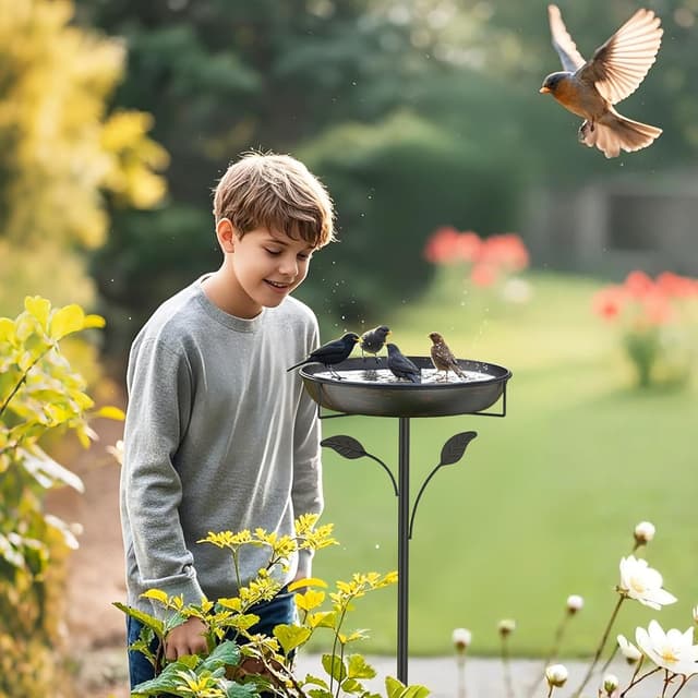 Detalle 2 de WELDUN Vogeltränke Vogelbad 30 cm – Metall-Futter- und Wasser-Schale für draußen