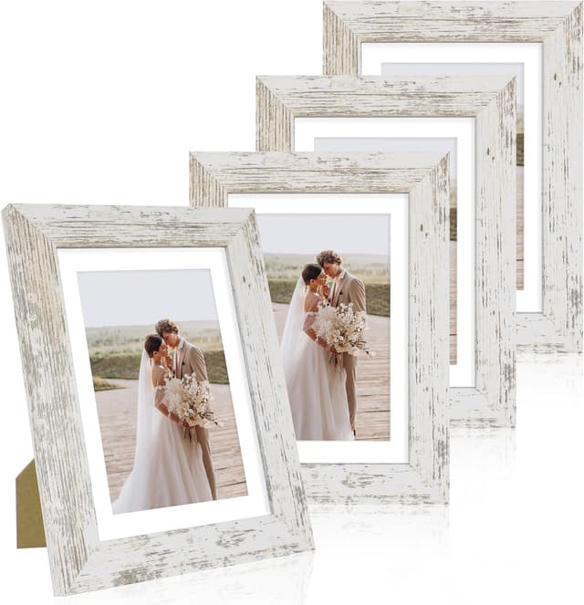Detalle de Hongkee 5x7 Picture Frame Set of 4 (Real Glass, Distressed White Wooden Frame) for Wall or Tabletop