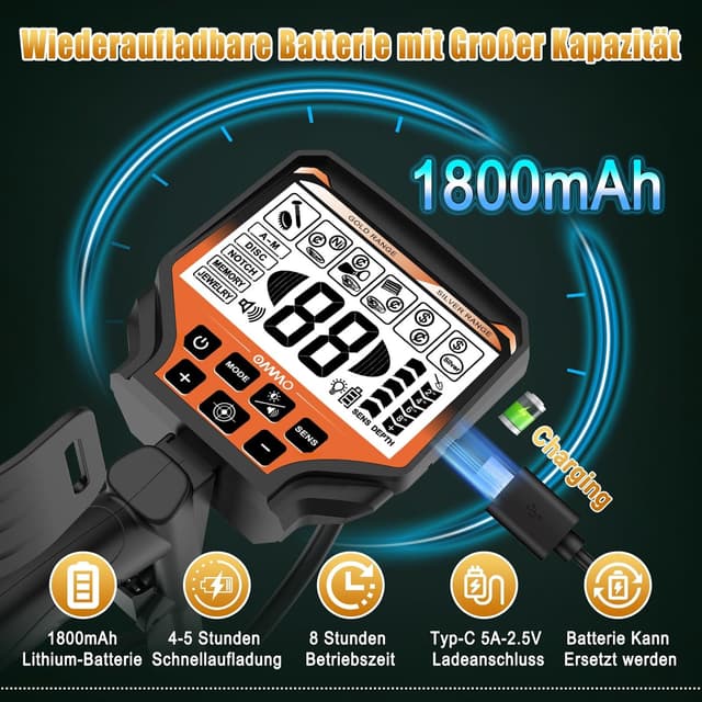 Detalle de OMMO Type-C Metalldetektor für Erwachsene im Profi-Set (6 Modi, IP68 10'' Spule, 70–125 cm)