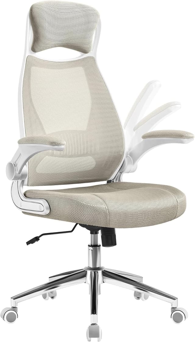 Detalle de SONGMICS Sedia da Ufficio OBN086K01 Beige Cappuccino con poltrona girevole, braccioli ribaltabili e poggiatesta