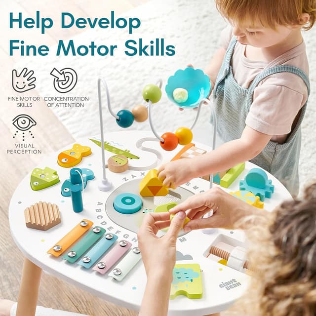 Detalle de Giant bean Holz Aktivitätstisch für Kinder 1+ – 11-in-1 Lerntisch mit Motorik-Spielen