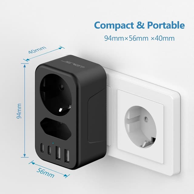 Detalle 2 de JSVER 3680W (max 16A) multipresa con 1 Schuko, 1 presa europea e 4 porte USB-C/USB-A