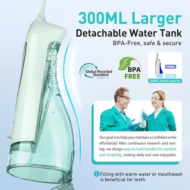 Detalle de COSLUS C20 Portable Cordless Water Flosser (300ML) — IPX7 Rechargeable Dental Irrigator, Green