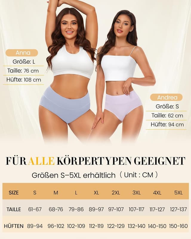 Detalle 2 de SIMIYA Damen Unterhosen aus Baumwolle im 5er-Set (S–5XL), hoher Bund & Hipster-Schnitt