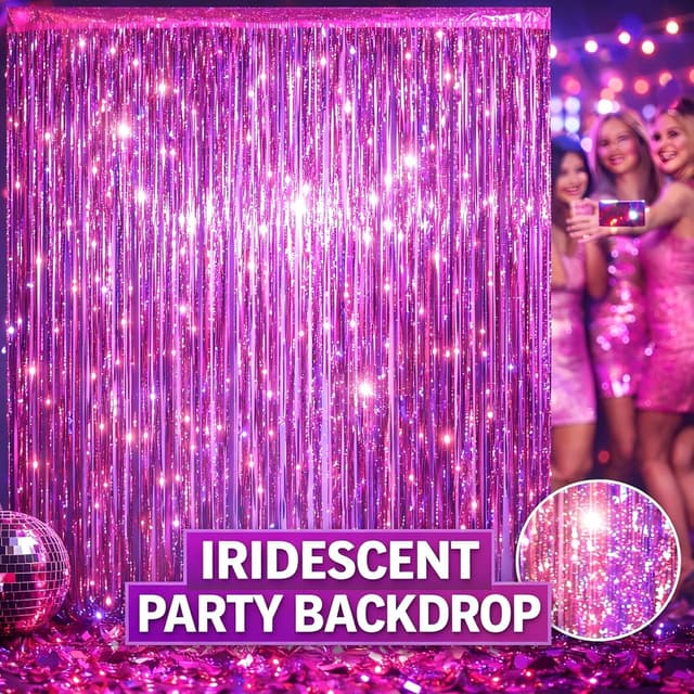 Detalle 2 de Melsan 3-Pack Tinsel Fringe Curtain Backdrops for Easter, Pinkish Purple (Photo Booth & Party Decor)