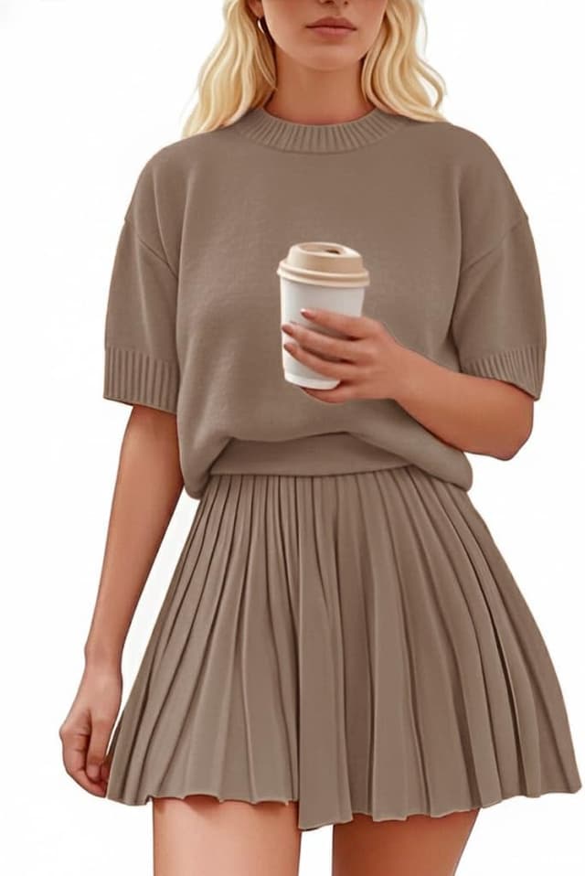 Detalle de Jenisso Women’s 2-Piece Outfit Set (Short Sleeve Crewneck Knit Top + Pleated Mini Skirt)