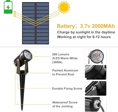 Detalle de NATPOW foco solar LED exterior para jardín IP65 (3000K) con 2 niveles de brillo