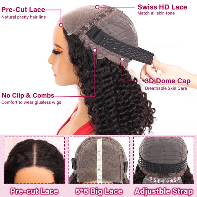 Detalle 2 de Ailwelia Curly Bob Wig (Human Hair Deep Wave) 5x5 HD Lace Glueless, 200% Density, 14 Inch