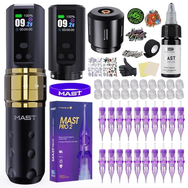 Detalle de Mast Fold2 Pro Kabellose Tattoo Maschine Set (Rotary) – inkl. 2× 2000 mAh Akkus, RCA-Connect, Nadeln & schwarze Tinte – Gold