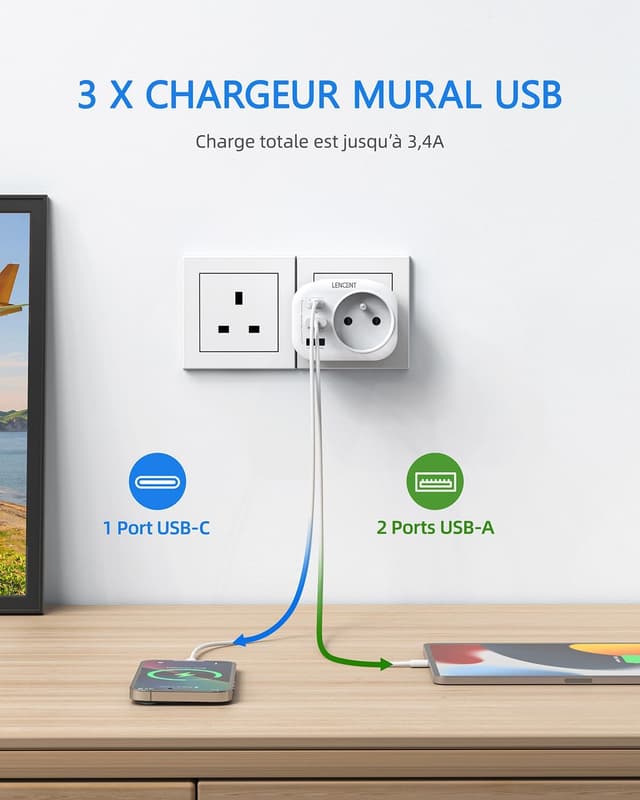 Thumbnail 3 de LENCENT Adaptateur UK 4 en 1 USB USB-C