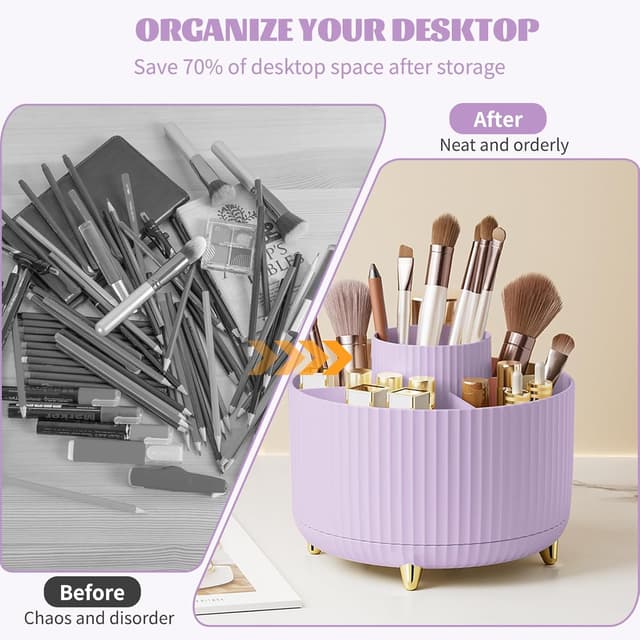 Detalle de 360° Drehbarer Make-up Organizer mit 5 Fächern – Make-up & Pinselhalter in Violett