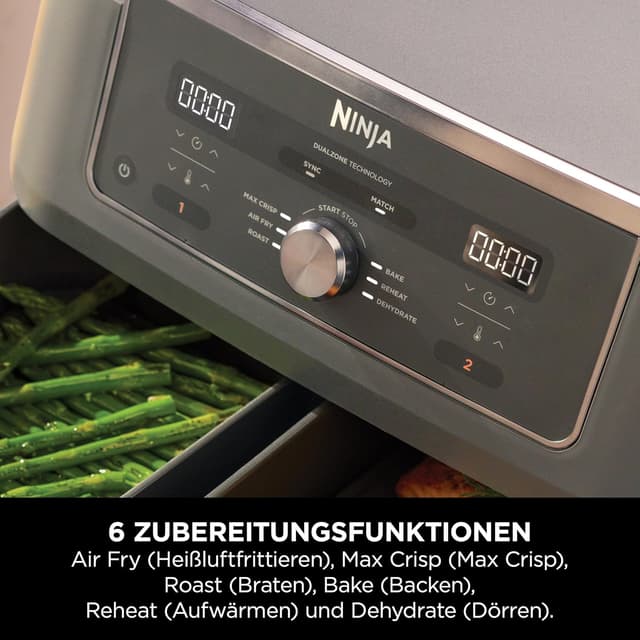 Detalle de Ninja Dual Zone Digital Air Fryer DZ400EU – 2 Schubladen, 6-in-1 Heißluftfritteuse, 9,5 L, Metallic Grau