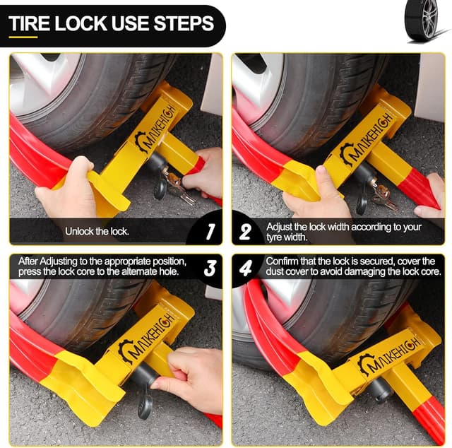 Detalle de MAIKEHIGH Sabot antivol de roue réglable (2 à 12,2 pouces) avec 3 clés pour voiture, caravane, remorque