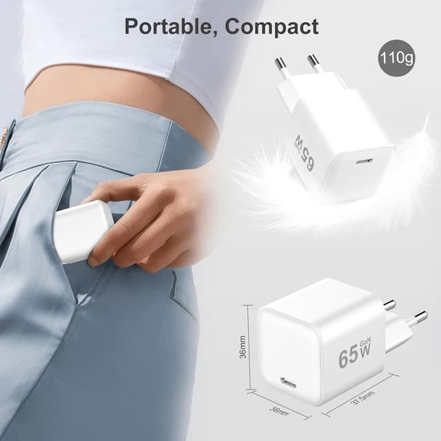 Detalle de Chargeur USB-C 65 W YISH avec GaN, prise secteur et câble USB-C 1 m